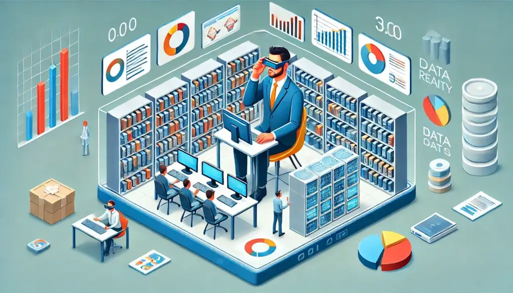 שלב 4 במחקר שוק – מחקר מעמיק איור איזומטרי הומוריסטי של יזם עם משקפי VR, מוקף גרפים ודוחות